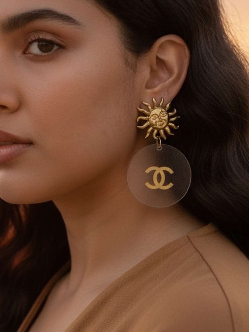Cc Gold Sunburst Drop Earrings with Clear Acrylic CC Discs